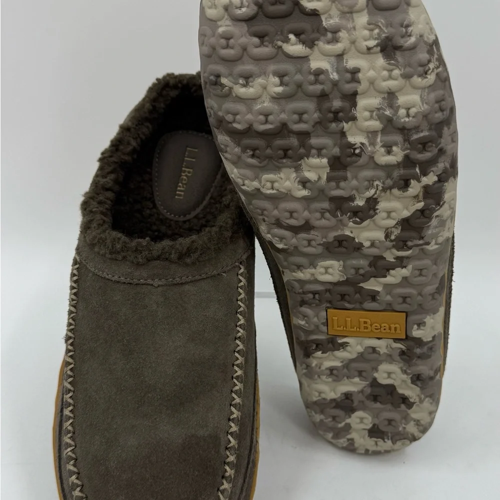 L.L. Bean Mountain Moccasin Scuff Winter Slippers Mens Size 8M Gray Leather NWOB